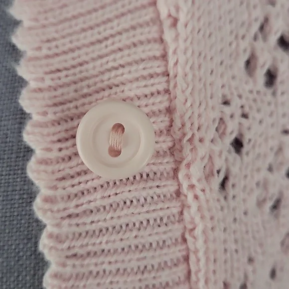 Vintage 80s Helen Harper Pink Pointelle Cardigan | Structured Shoulder | L - Picture 7 of 11